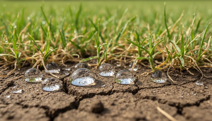 Close-up of water droplets beading on water-repellent soil surface with grass