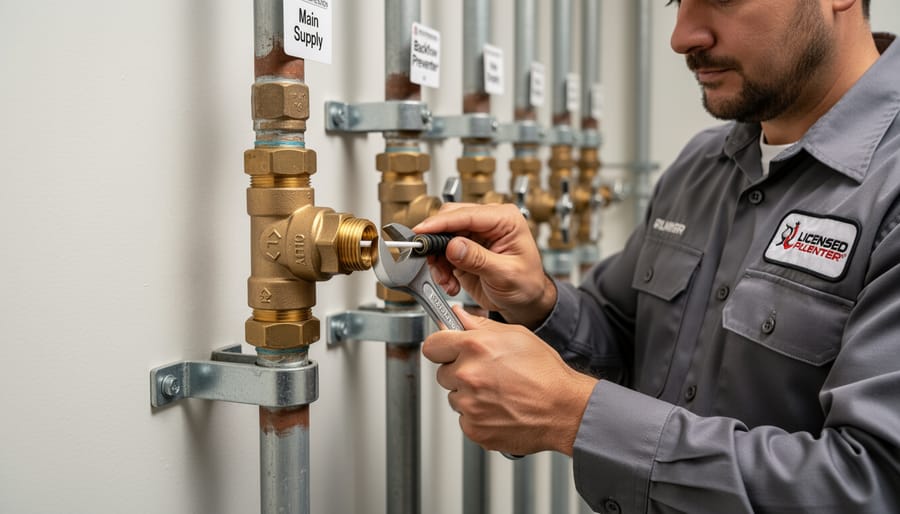 Homeowner installing backflow prevention device on outdoor irrigation system