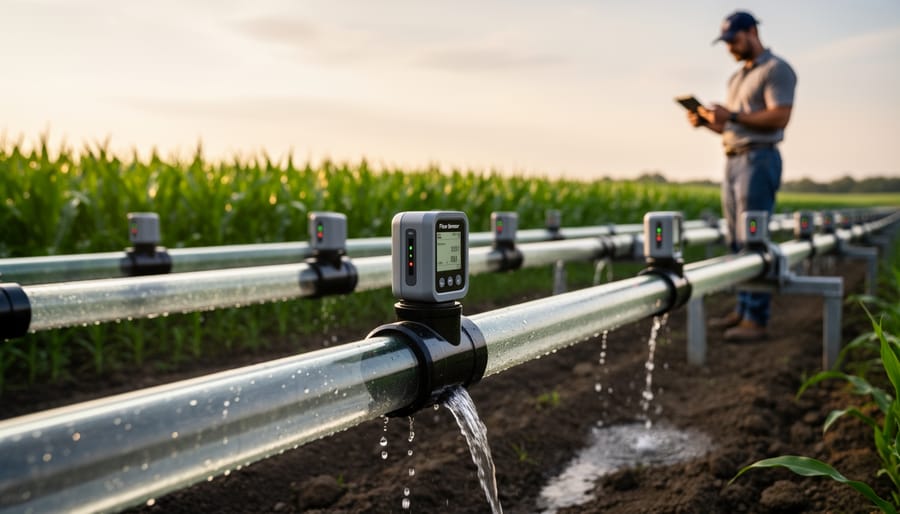 Flow sensor device installed on irrigation pipe for leak detection