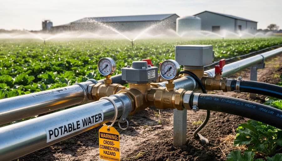 Close-up of irrigation sprinkler spraying water on lawn with fertilizer granules visible