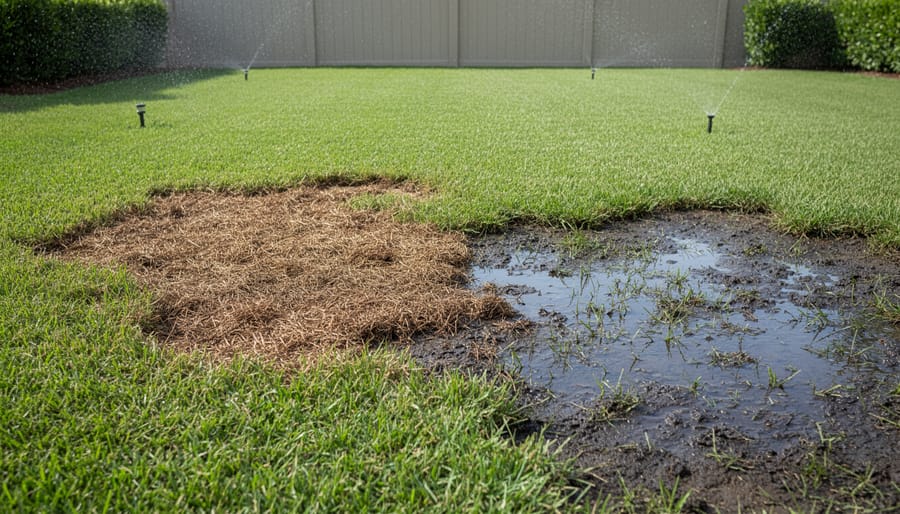 Lawn showing brown dead patches and wet spots caused by underground irrigation leak