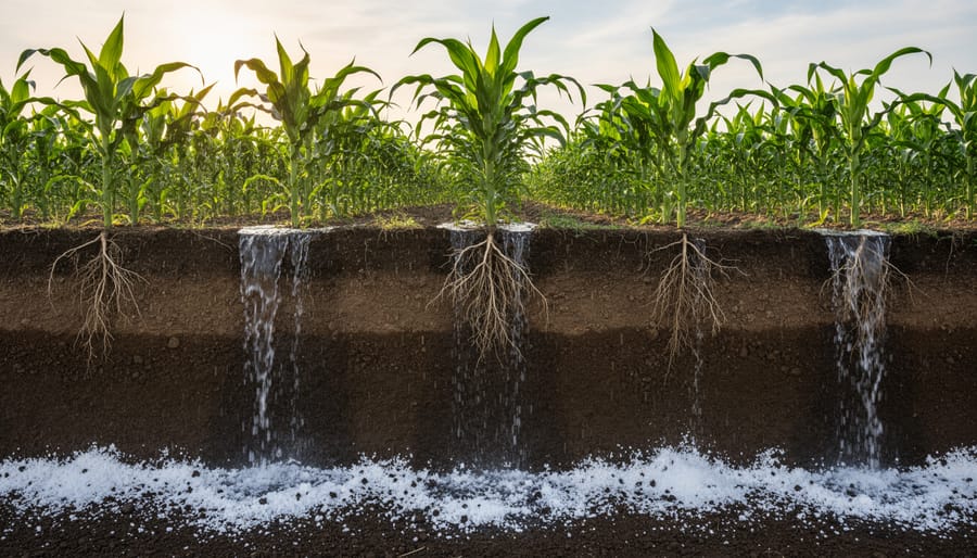 Garden hose deeply watering lawn to leach salts from soil