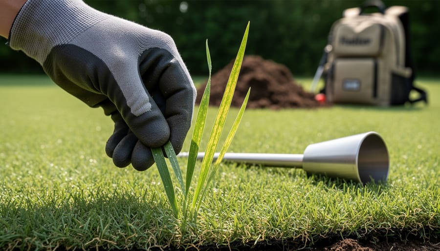 Gloved hand lifting lawn grass blades with interveinal chlorosis at grass height, with a soil core sampler on turf and a blurred compost pile and unlabeled backpack sprayer in soft morning light.