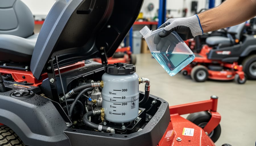 Close-up of lawn mower hydraulic fluid reservoir showing amber-colored fluid