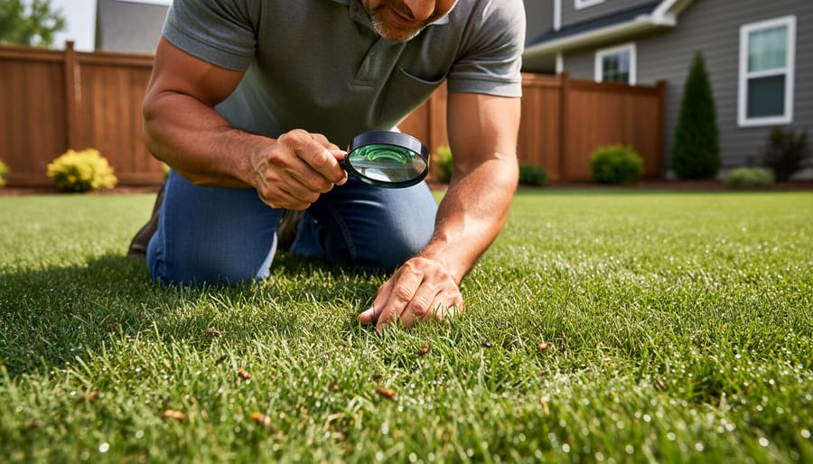 Homeowner inspecting lawn grass closely with magnifying glass during routine monitoring