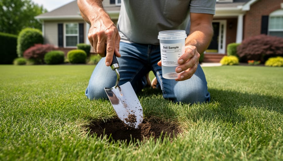 Soil probe inserted into lawn grass collecting a core sample