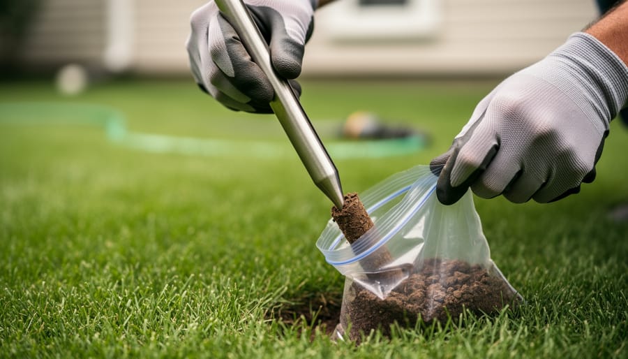 Gloved hand using a stainless soil probe to place a fresh soil core into an unlabeled sample bag on a green suburban lawn, with a softly blurred house and garden hose in the background under diffused daylight, no visible text or logos.