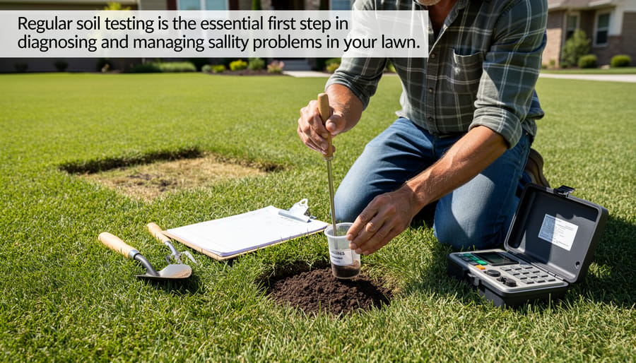 Homeowner collecting soil sample from lawn with soil probe for salinity testing