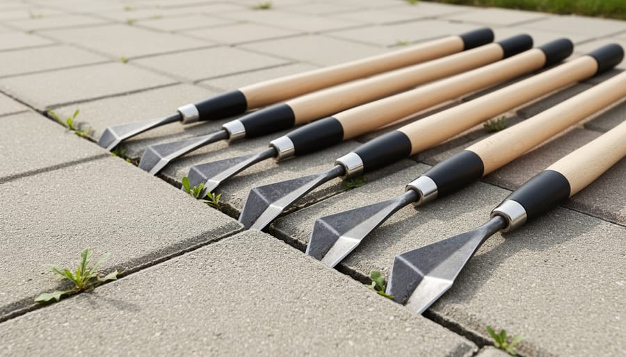 Collection of manual crack weeding tools including scrapers and specialized weed knives