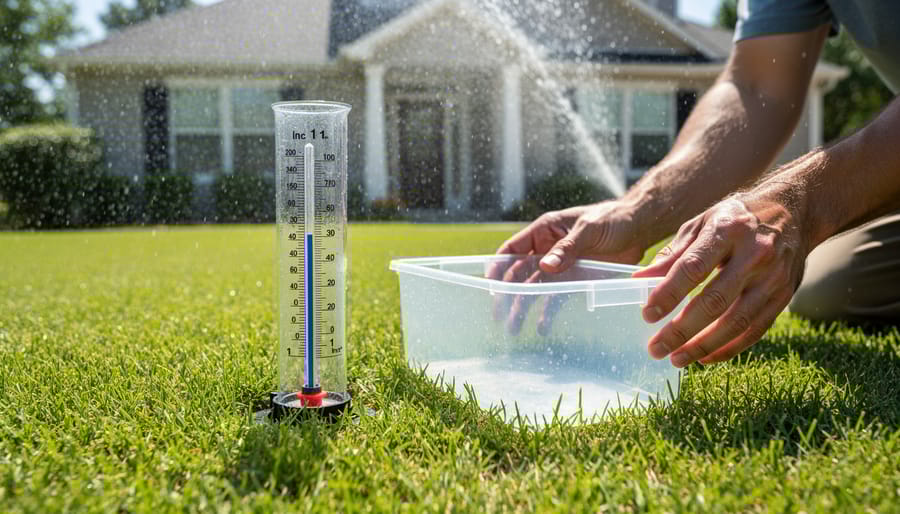 Hand holding rain gauge measuring sprinkler water output on lawn