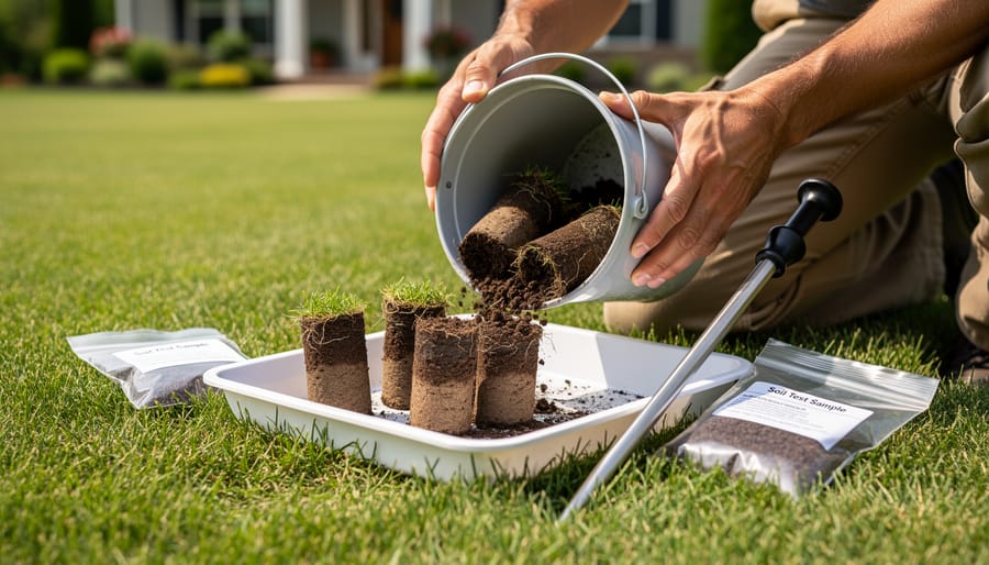 Hands mixing multiple soil samples together in white bucket