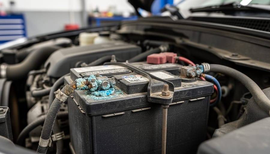 Corroded riding mower battery showing white buildup on terminals from charging system issues