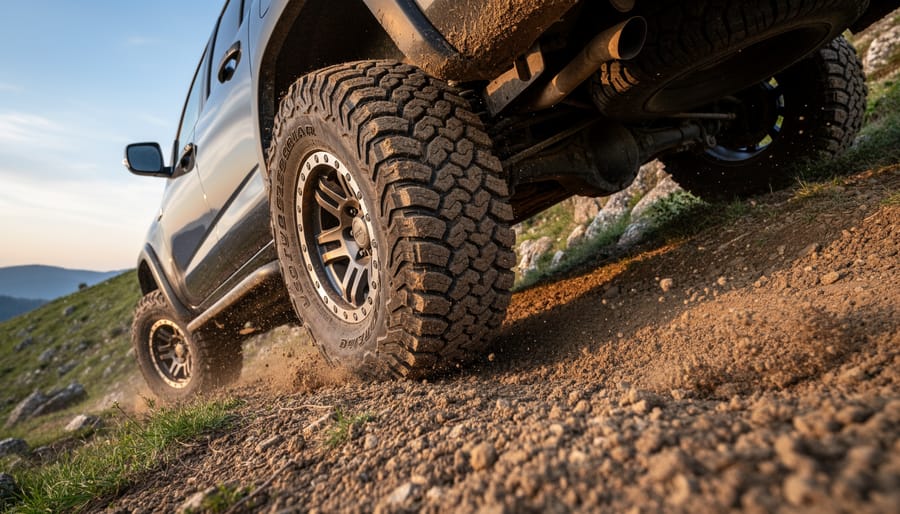 Close-up of riding mower tire tread gripping grass on sloped ground