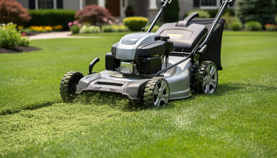 Mulching lawn mower cutting grass and dispersing fine clippings