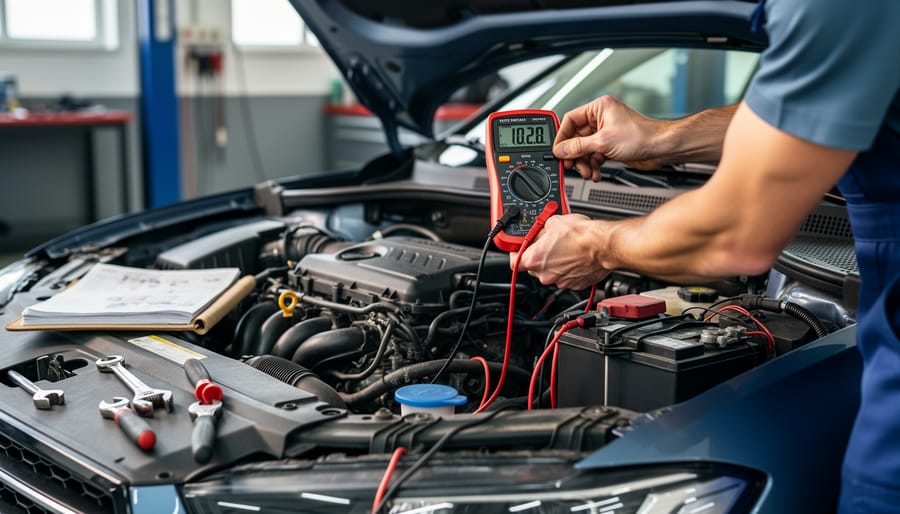 Multimeter being used to test electrical connections on lawn mower starter components