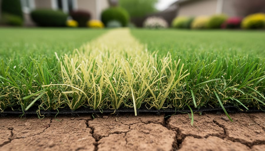 Close-up ground-level photo of grass with pale yellow-green older blades indicating nitrogen deficiency next to deeper green blades, with compacted clay-like soil visible at the base and a softly blurred yard in the background.