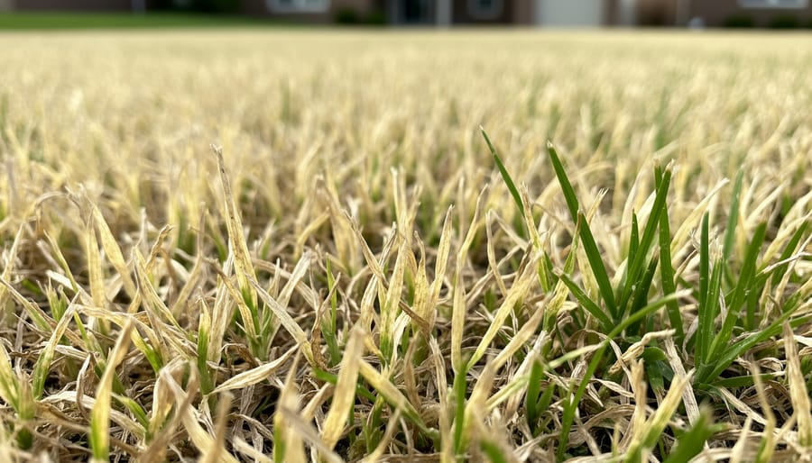 Close-up of yellowing grass blades showing nitrogen deficiency symptoms