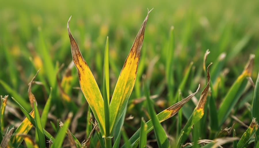 Close-up of grass blades showing yellow tips and brown edges indicating nutrient deficiency