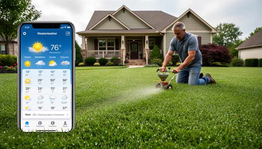 Homeowner applying preventive lawn treatment with sprayer on healthy green grass