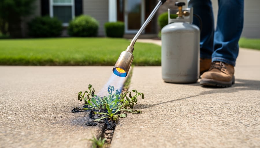 Person using propane weed torch to remove weeds from patio cracks