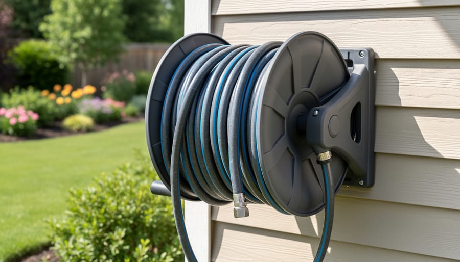 Green garden hose properly coiled on wall-mounted storage reel in organized shed