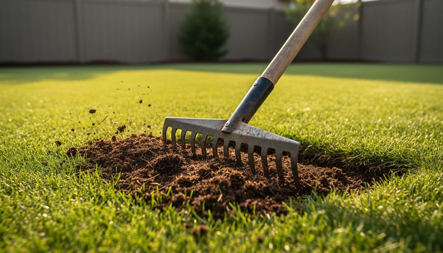 Gardener using rake to spread and work compost topdressing into lawn grass