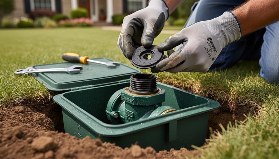 Homeowner replacing diaphragm in Hunter irrigation valve during DIY repair