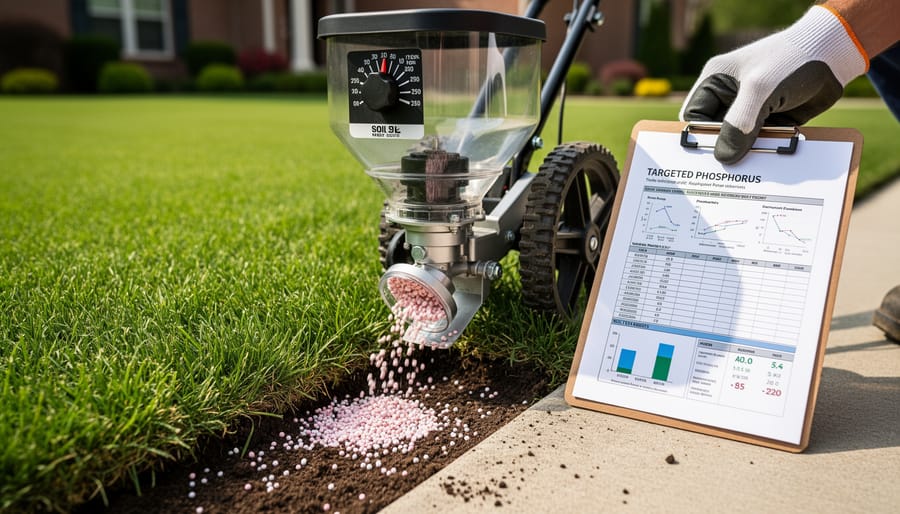 Careful hand application of phosphorus fertilizer to lawn following soil test recommendations