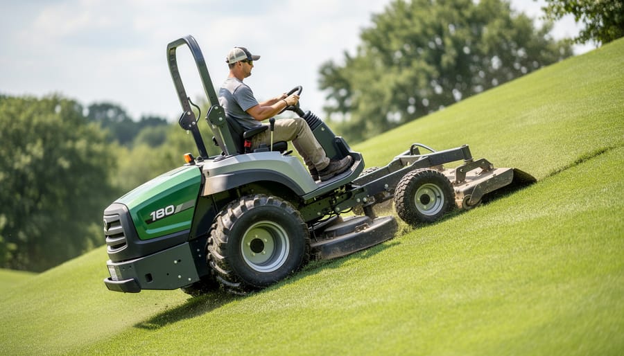 Riding lawn mower positioned on steep grassy hillside showing challenging slope angle