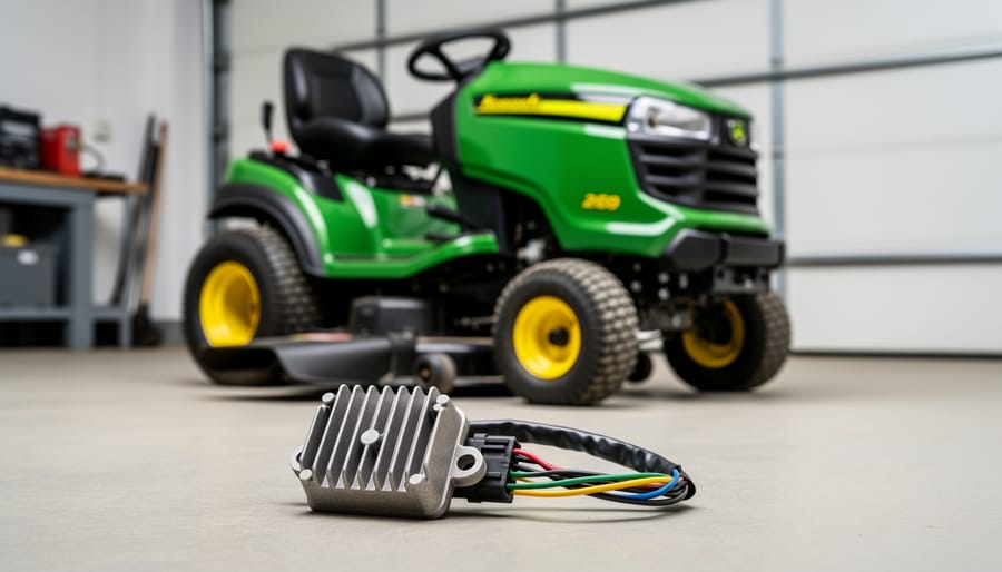 Voltage regulator component mounted on riding mower engine with visible wire connections