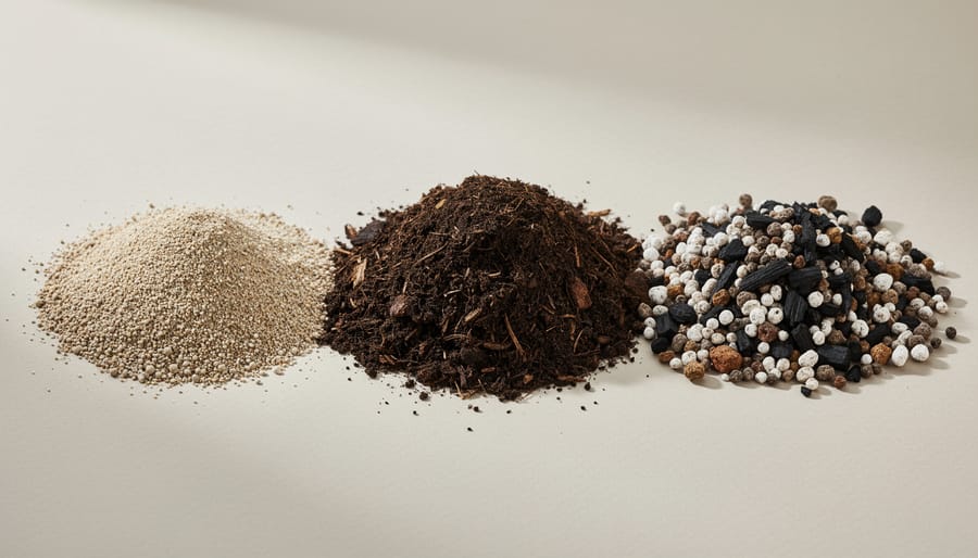 Three piles showing sand, compost, and soil amendments used in root zone mix
