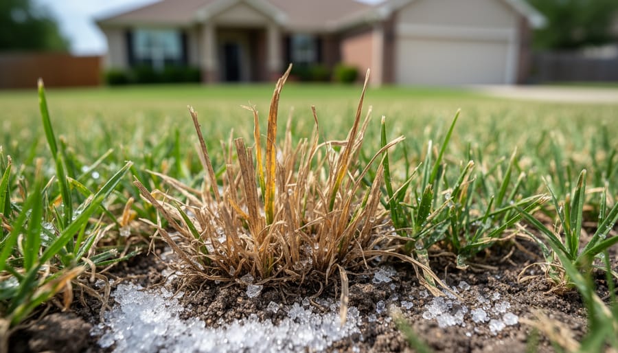 Close-up of grass blades showing brown tips and yellowing from salt damage