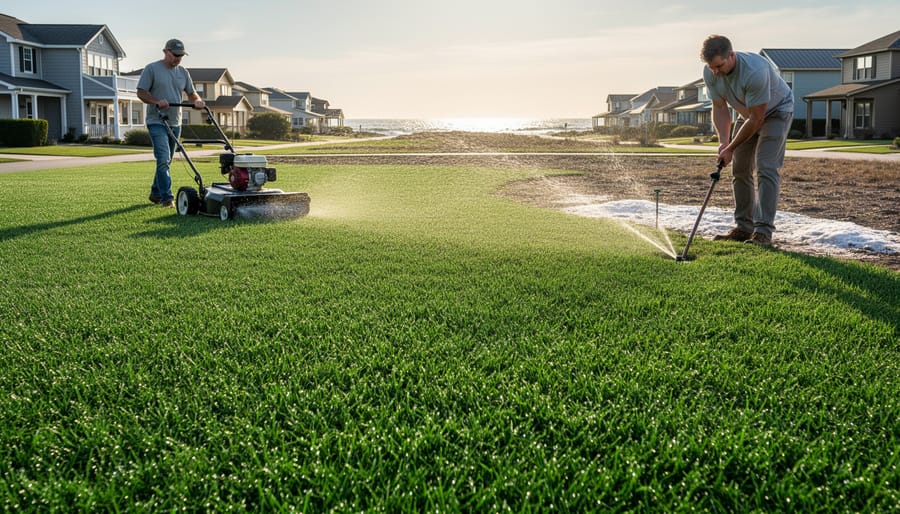 Healthy green lawn of salt-tolerant grass thriving in coastal environment