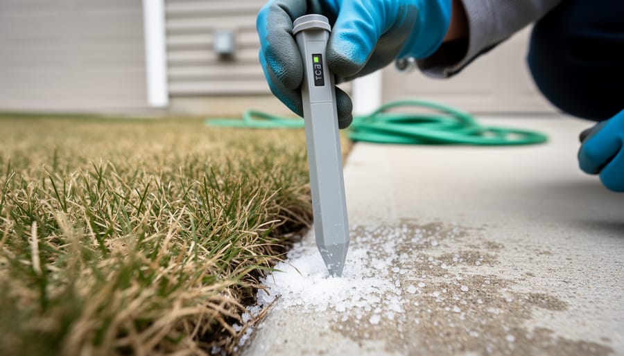 Close-up ground-level view of gloved hands inserting a soil EC probe into a patchy lawn with brown grass and light salt crust near a concrete driveway, with a blurred house and coiled garden hose behind.