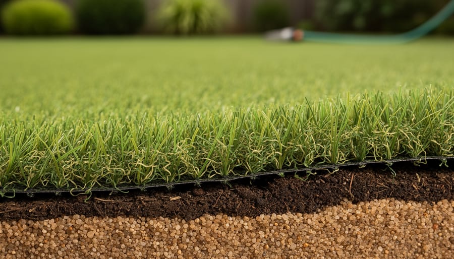 Close-up cross-section of healthy lawn with deep roots growing through a sand-based root zone, showing sandy texture and thin organic layer against a blurred yard background.