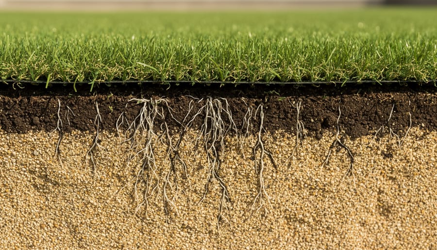 Cross-section view of sand-based root zone showing grass roots, sand particles, and organic matter layers