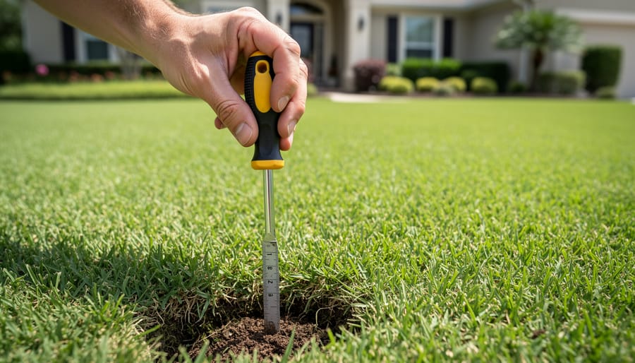 Hand performing screwdriver soil moisture test in zoysia grass lawn