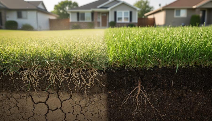 Cross-section view of shallow grass roots in soil showing limited root depth