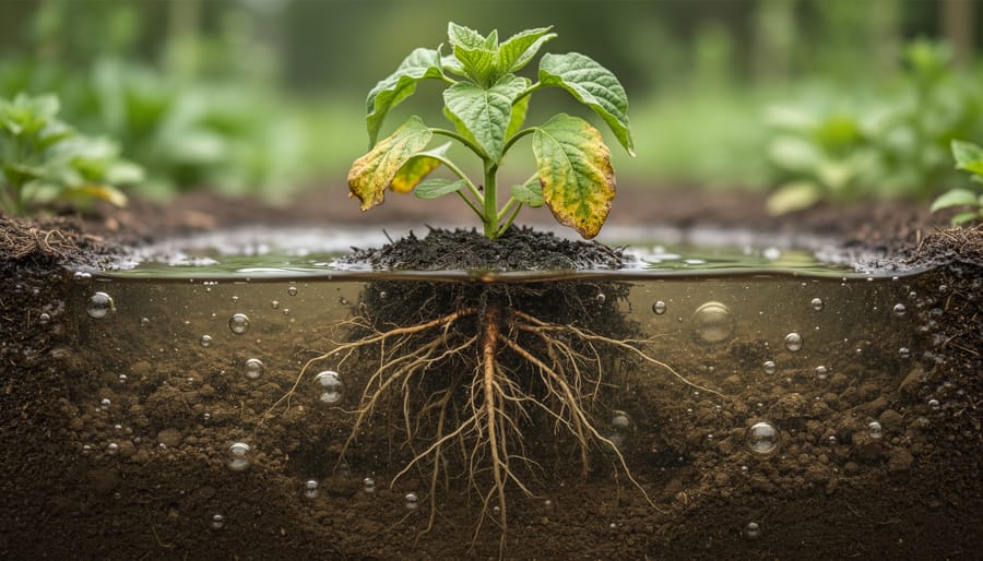 Close-up of shallow grass roots removed from waterlogged soil