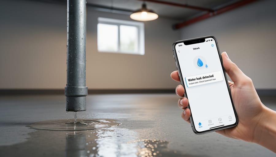 Homeowner receiving irrigation leak alert notification on smartphone in yard