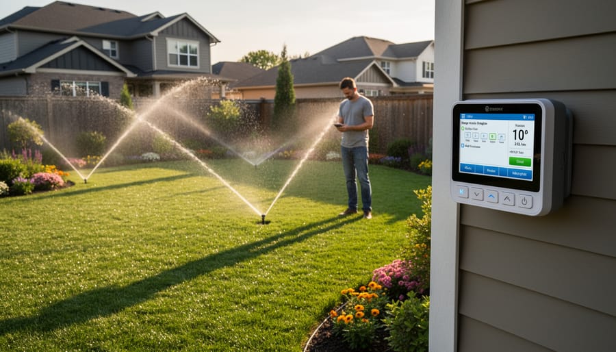 Homeowner programming smart irrigation controller on exterior wall