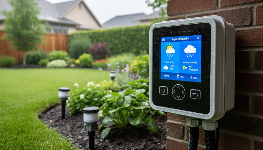 Smart irrigation controller with weather sensor installed on home exterior