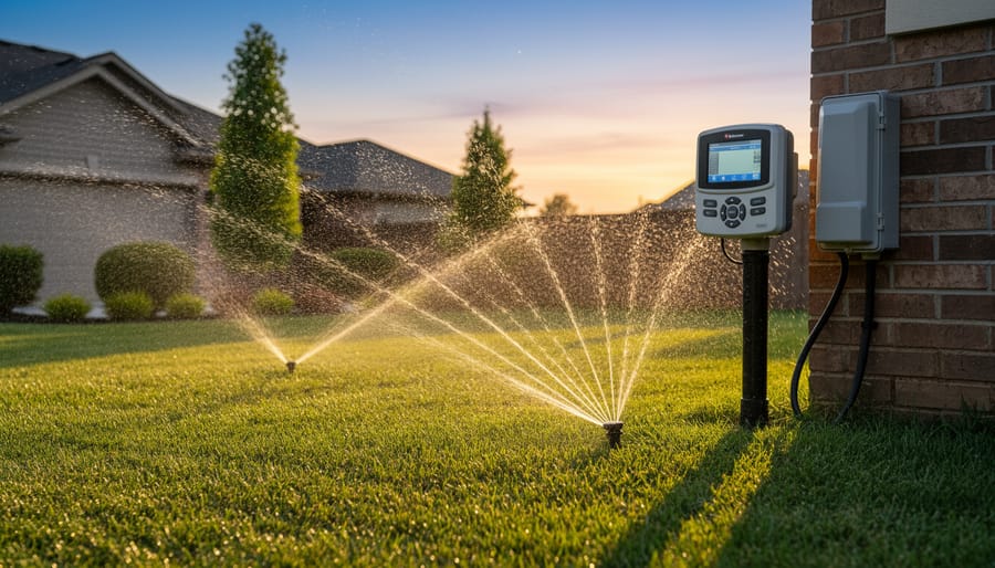 Residential lawn sprinkler system watering grass during early evening hours