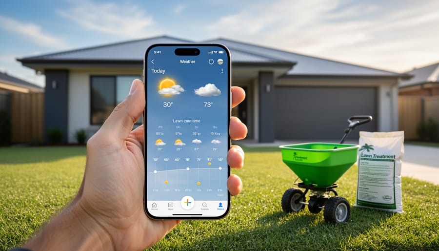 Person checking weather forecast on smartphone while standing on lawn