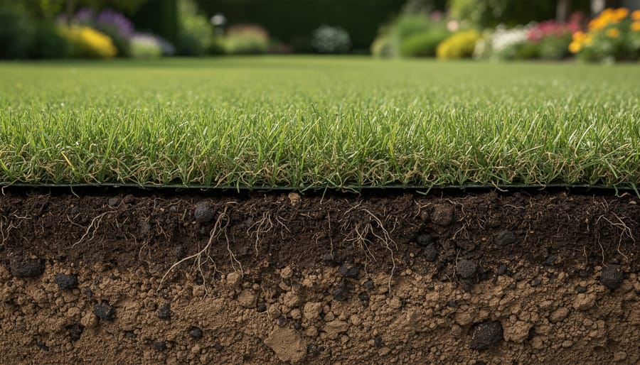 Cross-section of healthy lawn soil showing organic matter mixed with mineral particles