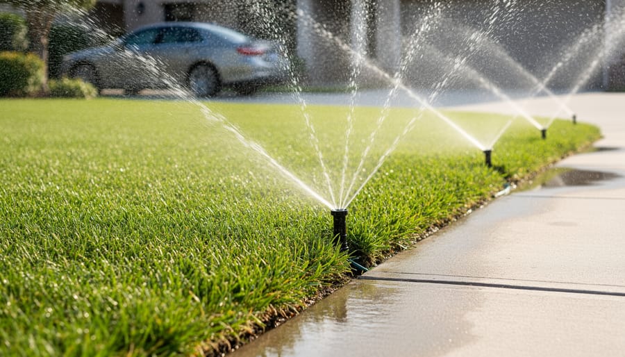 Adjustable sprinkler head spraying water in arc pattern over residential lawn