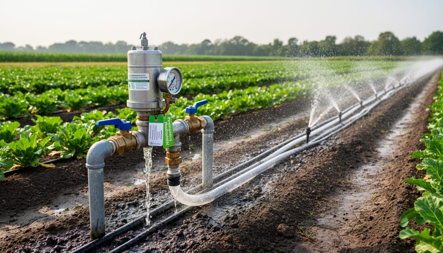 Aerial view of healthy lawn with smart irrigation controller and efficient watering system