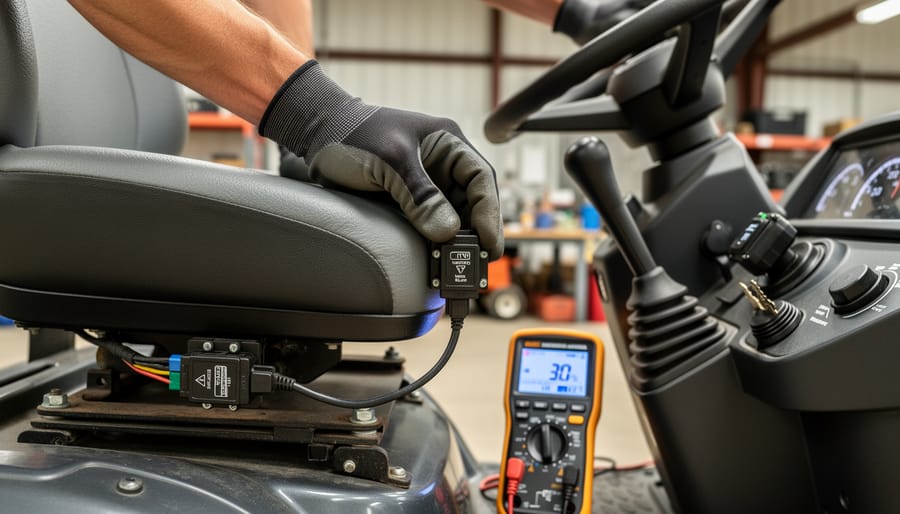 Hand checking safety switch mechanism located under zero-turn mower seat
