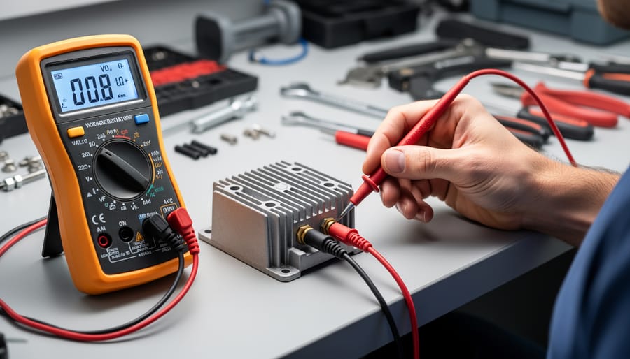 Person using digital multimeter to test voltage on riding mower battery terminals