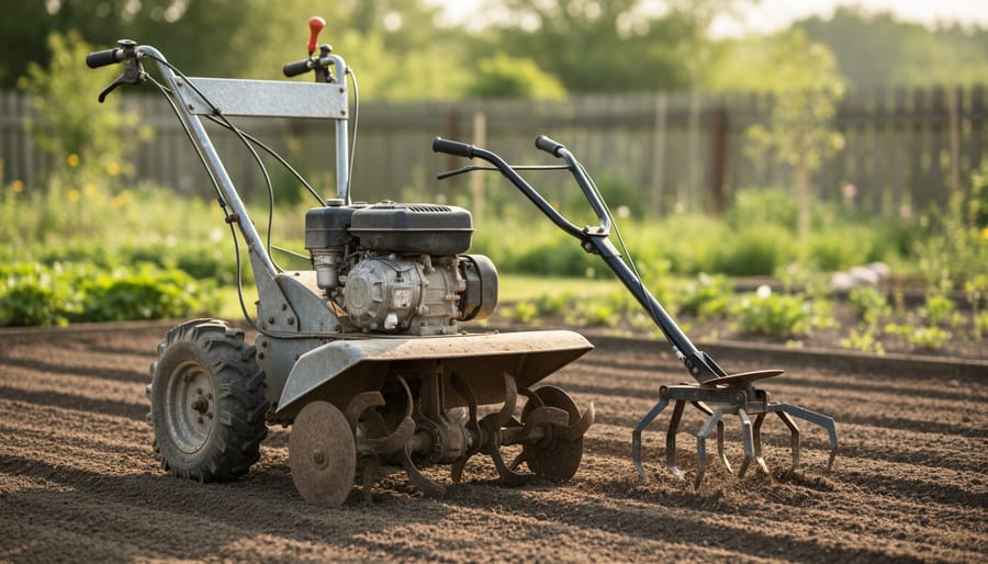 Tiller and cultivator positioned side by side on lawn showing size and design differences